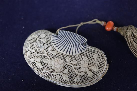 Two 19th century Chinese ivory pomanders and a similar purse